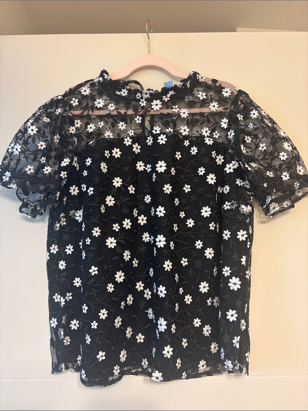 CeCe Black Lace Overlay Top with White Floral Embroidery